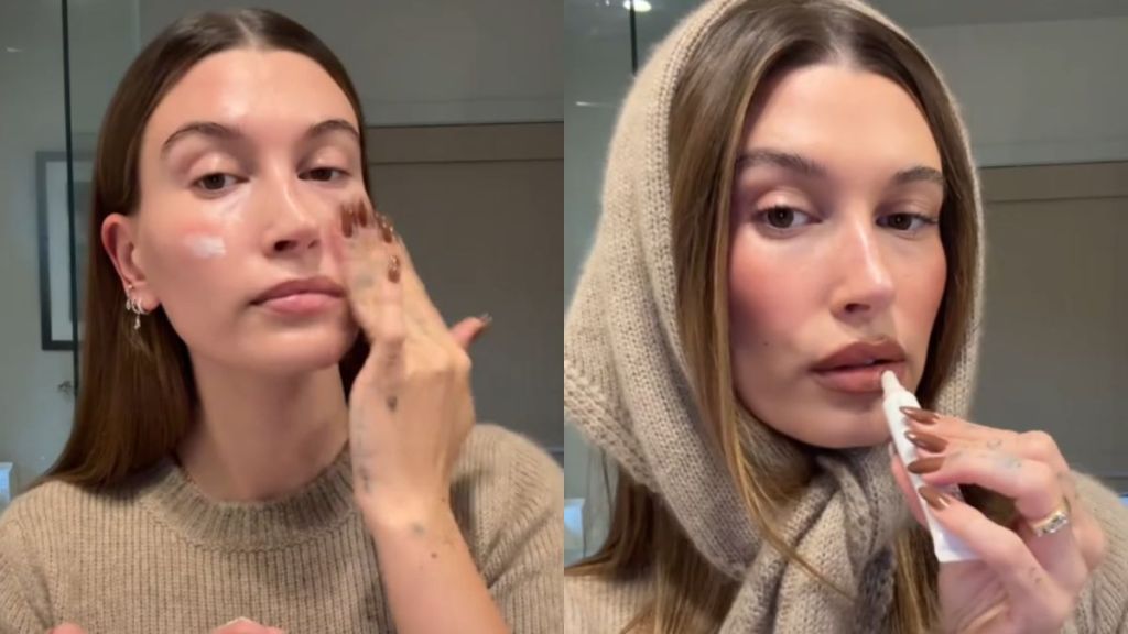 Hailey Bieber showcases her fall makeup routine to achieve the cinnamon girl look in a TikTok video.